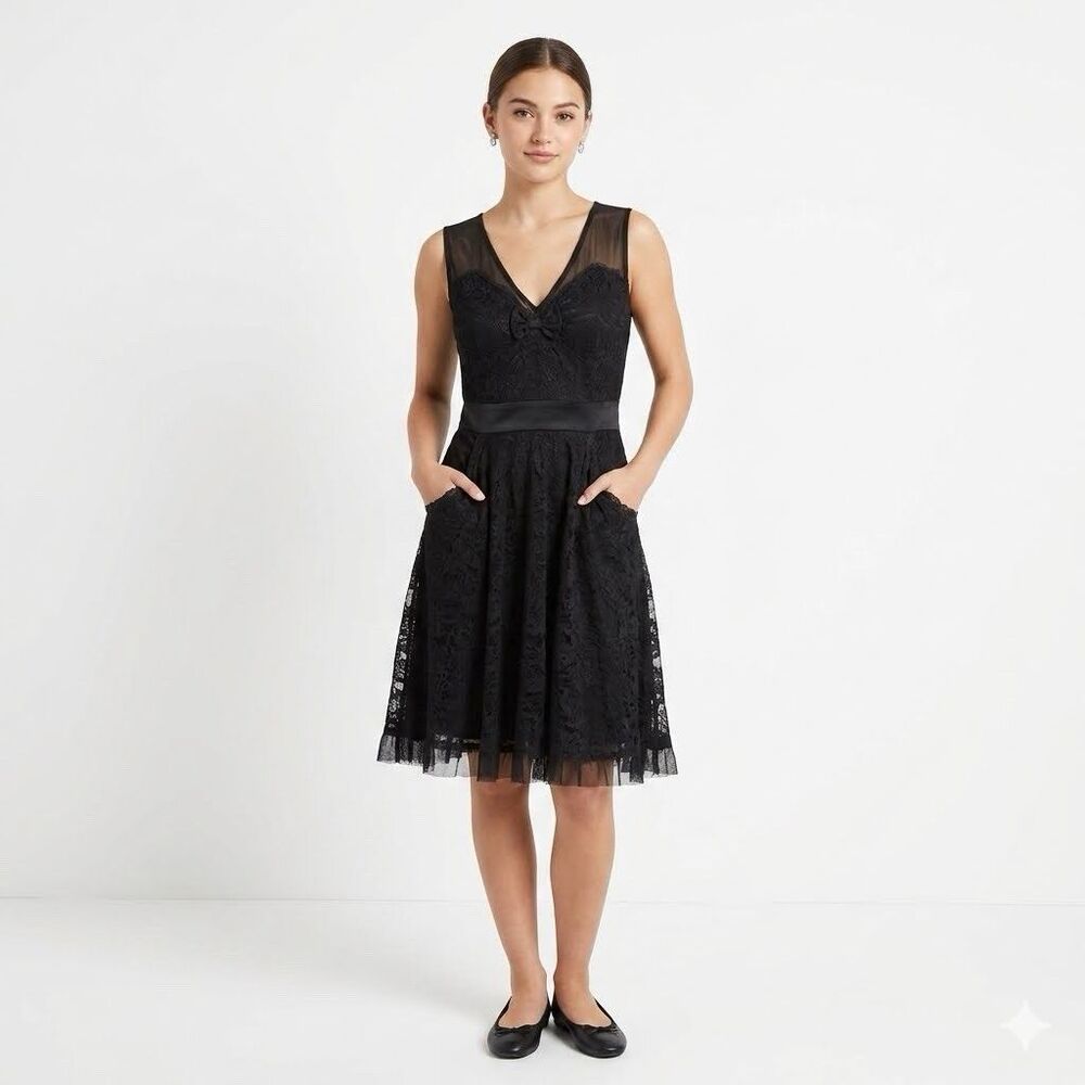 Sourpuss A-Line Vneck Lace Bows Black Dress Size XLarge